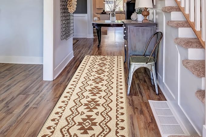 Custom Length Cut to Size Tribal Ethnic Southwestern Inspired Hallway Runner Rug, Non Slip Rubber Backed, 31 inch Wide X Customized Length, Aztec Beige, 31 inch X 3 feet, Doormat Size