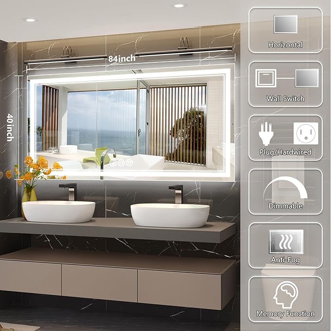 84x40 Inch Led Mirror for Bathroom with Front Light and Backlit, Dimmable Anti Fog Wall Bathroom Mirror with Led Lights, Water Proof, Decor Vanity Mirror