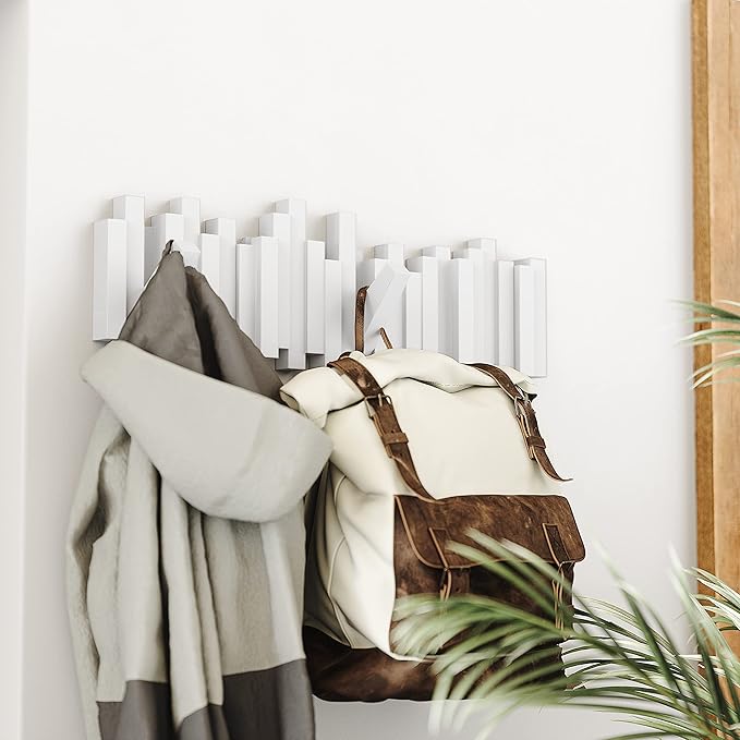Umbra Sticks Wall-Mounted Coat Rack Rail Hook with 5 Retractable Pegs – Modern, Space-Saving Storage Organizer, White