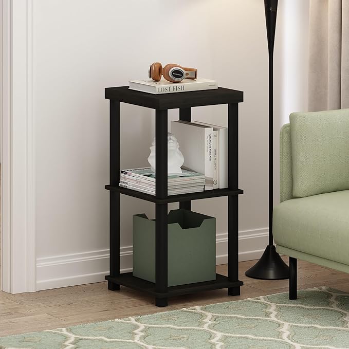 Furinno Turn-N-Tube Side Table, 3-Tier Thick Tabletop End Table with Open Shelf, Toolless Assembly Night Stand, Bedside Table, for Living Room, Bedroom, Espresso