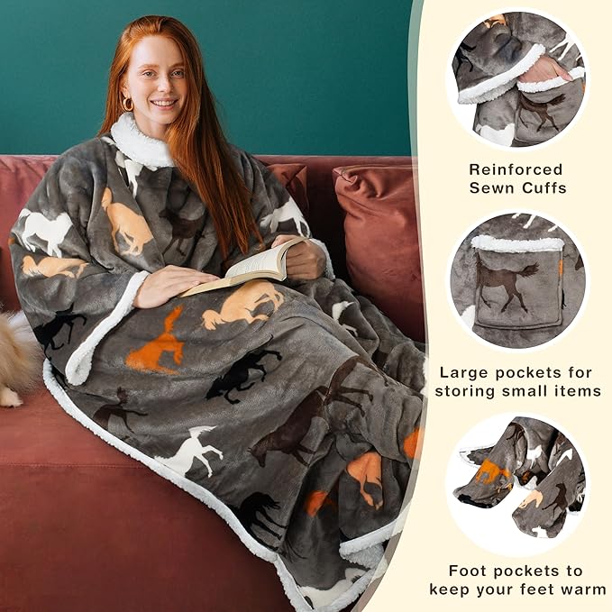 Catalonia Sherpa Wearable Blanket with Sleeves & Foot Pockets for Adult Women Men, Comfy Snuggle Wrap Sleeved Throw Blanket Robe, Gift Idea, Taupe Horse