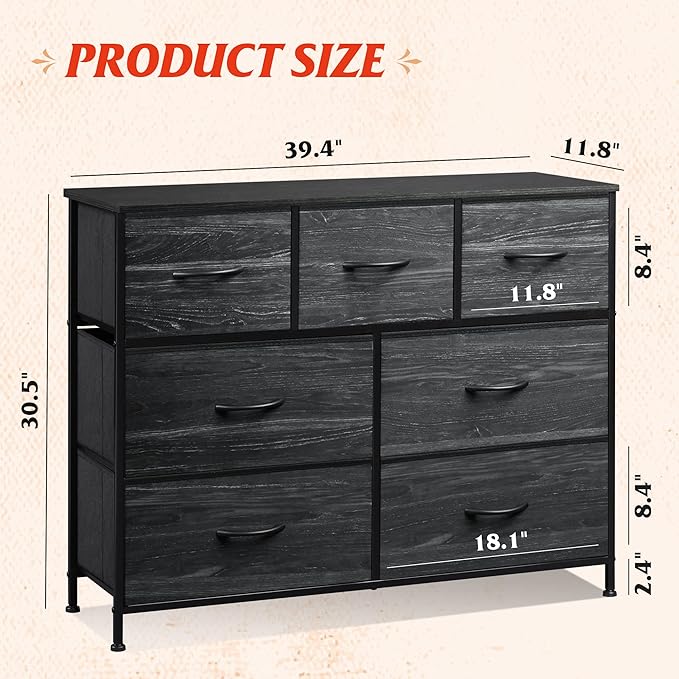 WLIVE 7 Drawer Dresser TV Stand, Entertainment Center, Media Console Table with Metal Frame and Wood Top for TV up to 45 inch, Chest of Drawers for Bedroom, Charcoal Black Wood Grain Print