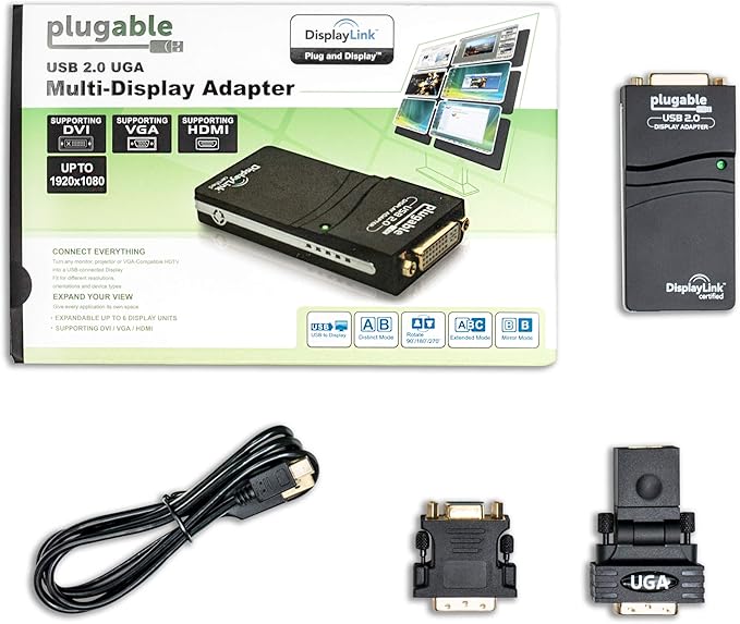 Plugable USB 2.0 to HDMI, DVI, or VGA I Multi-Monitor External Video Graphics Card Adapter up to 1920x1080 Supports Windows 11, 10, 8.1, 7, XP, Mac, and ChromeOS