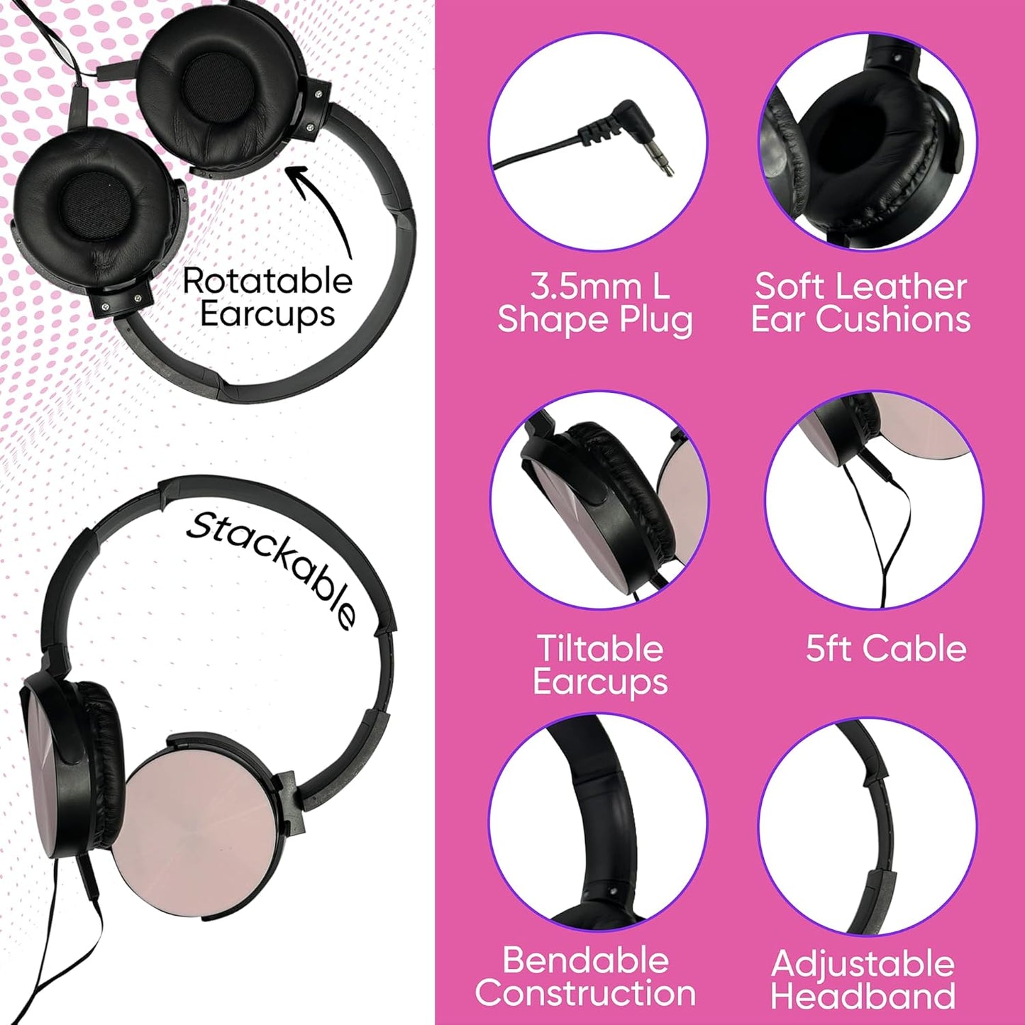 1 Pack 3.5mm Wired On-Ear Leather Headphones with Connector, Round Metal Housing, Black