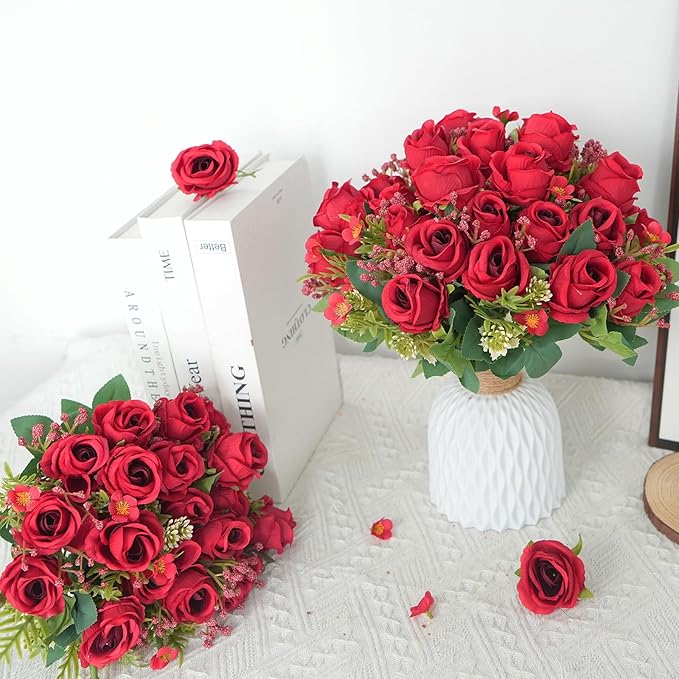 10 Bunches Red Roses Artificial Flowers, Flores Rojas Silk Flower Arrangement for Decoration Outdoor Wedding Party Indoor Home Bedroom Kitchen Office