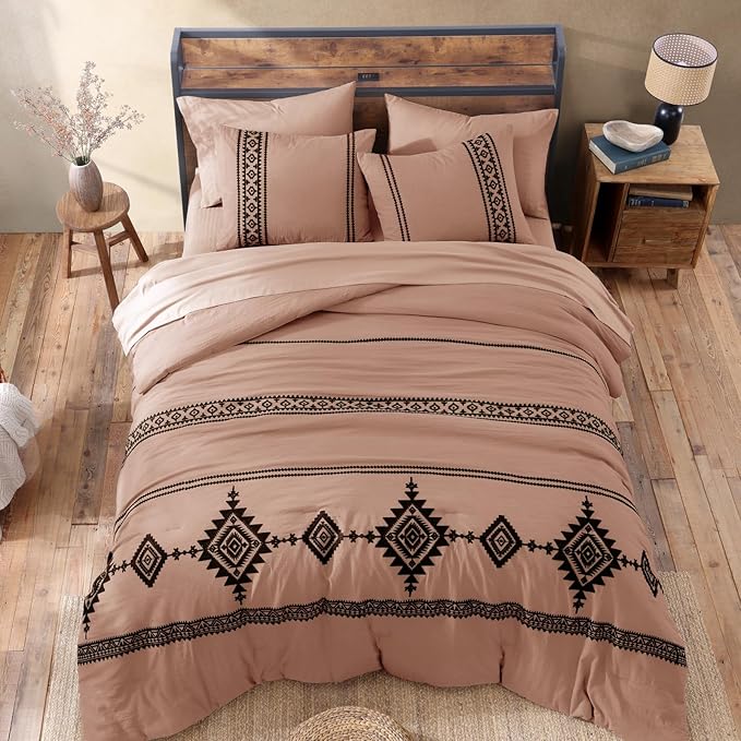 MaiRêve Embroidery Full Size Comforter Set Dusty Pink, Farmhouse Western Boho Bedding Set 7 Pieces, All Season Bed in A Bag Comforter Set with Sheets, Pillowcases & Shams