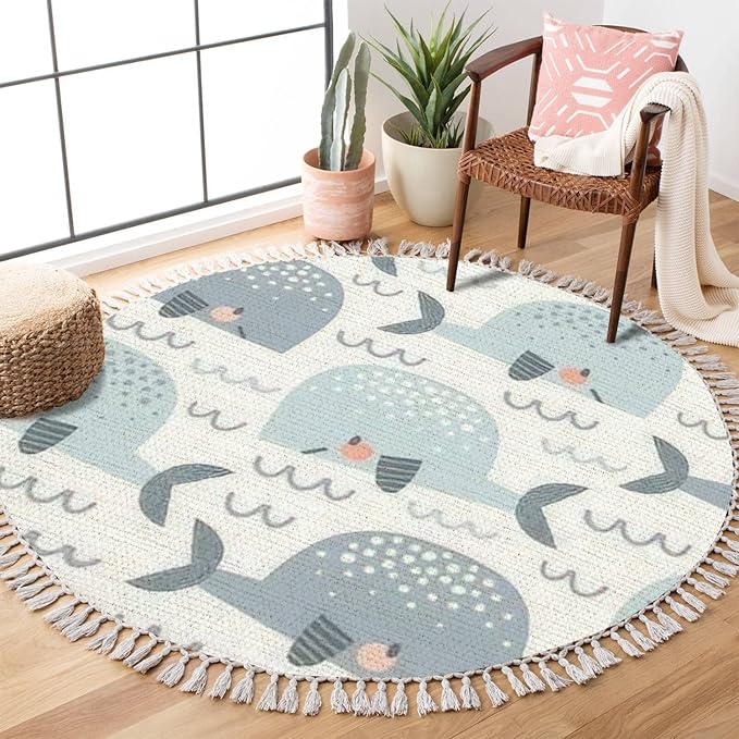 Round Boho Pastel Colours Whale in The Waves Seamless Cute Ocean Creatures Area Rug Linen Carpet Patio Hallway Runner Mat Pad Minimalist Home Decor for Living Room Outdoor