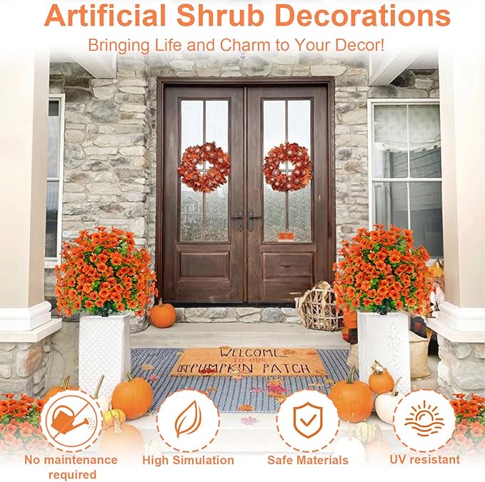 2-Pack 22 Inch Fall Outdoor Artificial Plants with Stake, Imitation Boxwood Flower Balls UV Resistant Fake Green Plants Bushes for Yard Patio Front Door Decoration