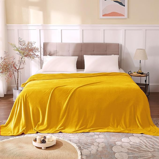 BEDELITE Fleece Blankets Queen Size Yellow Throw Blankets for Bed, Luxury Plush Cozy Fuzzy Blanket 90x90 inches, Super Soft Warm Lightweight Throw Blanket All Seasons Suitable