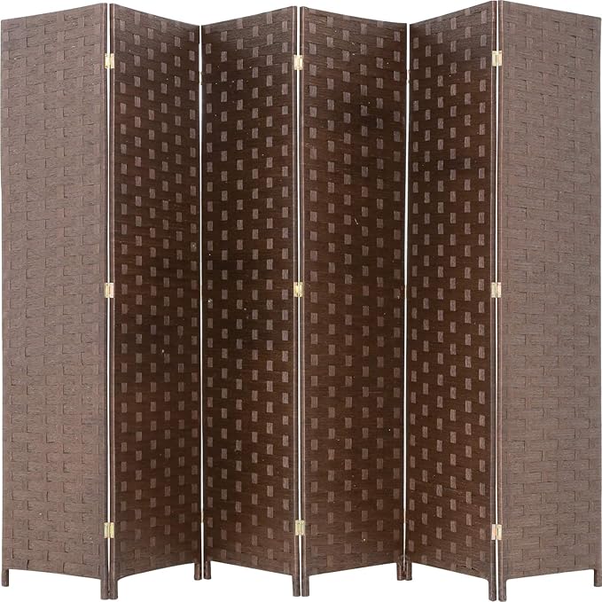 Room Divider Wood Screen 6 Panel Folding Portable Partition Screens Wooden Mesh Woven Design Room Screen Divider for Home Office (Brown)