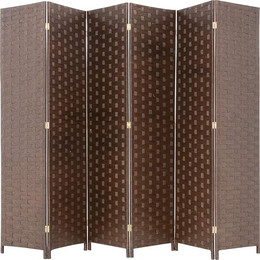 Room Divider Wood Screen 6 Panel Folding Portable Partition Screens Wooden Mesh Woven Design Room Screen Divider for Home Office (Brown)