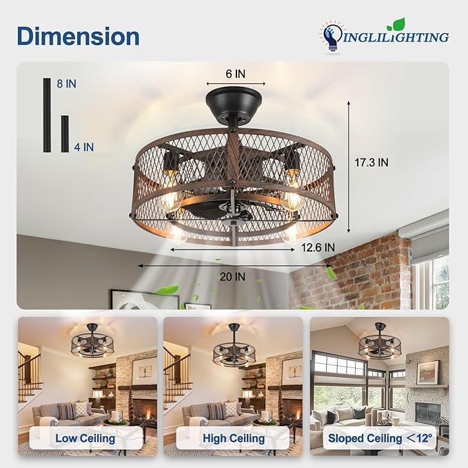 DLLT Caged Ceiling Fan with Lights: 20" Farmhouse Fandelier with Light and Remote - Walnut Industrial Chandelier Fan Light for Bedroom Living Dining Room Kitchen