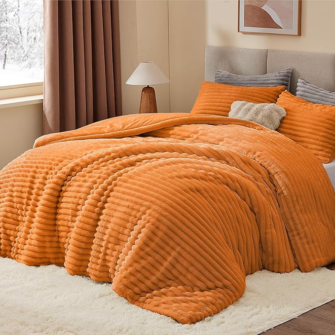 BEDELITE Fleece King Comforter Set -Super Soft & Warm Fluffy Burnt Orange Bedding, Luxury Fuzzy Heavy Bed Set for Winter with 2 Pillow Cases