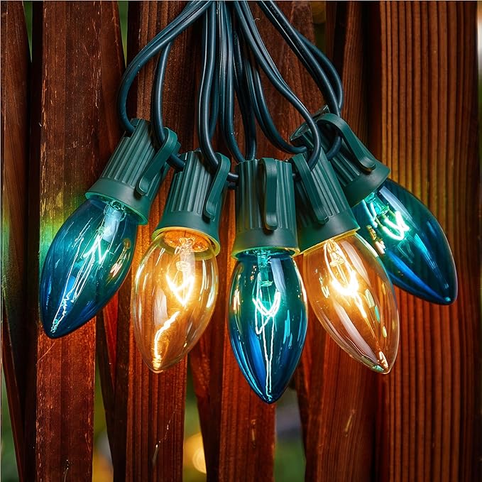 Minetom C9 Blue and Clear Christmas String Lights, Outdoor Christmas Lights String, Hanging Roofline Lights, Patio Lights for Outdoor Decor, Green Wire, 25 Feet