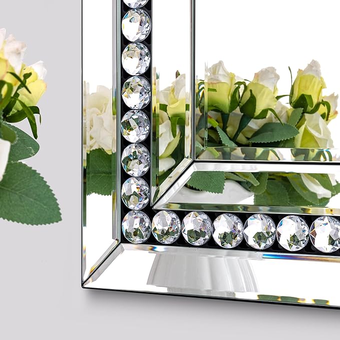 24" X 47" Large Wall Mirror for Living Room, Wall Decorative Mirror with Crystal and Glass Frame, Modern Elegant Beveled Wall Decor for Master Bath Home Office Bedroom Fireplace Mantle Entryway