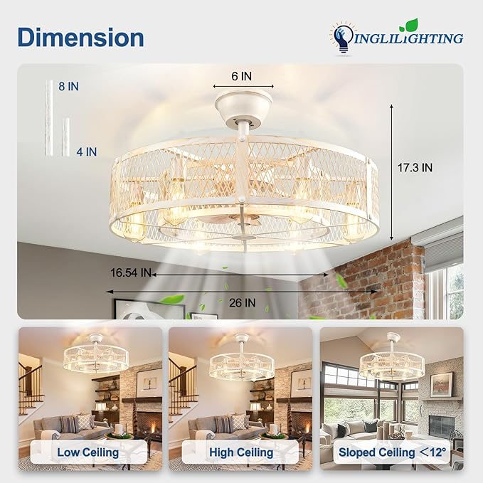 DLLT Caged Ceiling Fan with Lights: 26" Bladeless Fandelier with Light and Remote - Cement Industrial Chandelier Fan Light for Bedroom Living Dining Room Kitchen