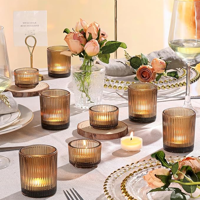 10pcs Ribbed Amber Votive Candle Holders, Assorted Glass Tea Light Candle Holders for Fall Decor, Amber Candle Holders for Wedding Centerpieces, Thankgiving and Christmas Decorations