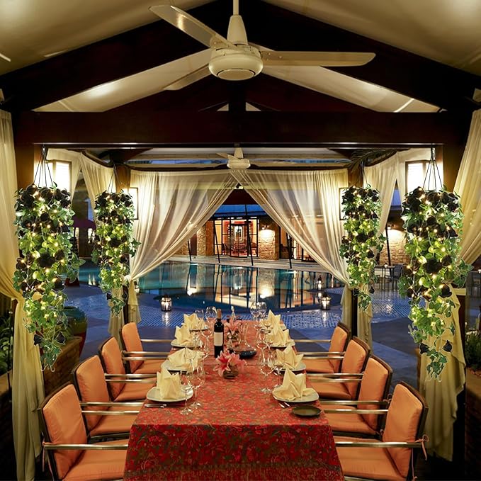 RECUTMS Artificial Hanging Rose Flower 4Pieces 3.3Ft Flowers for Outdoors with 30 LED Fairy String Lights Fake Indoor Wall Wedding (Black)