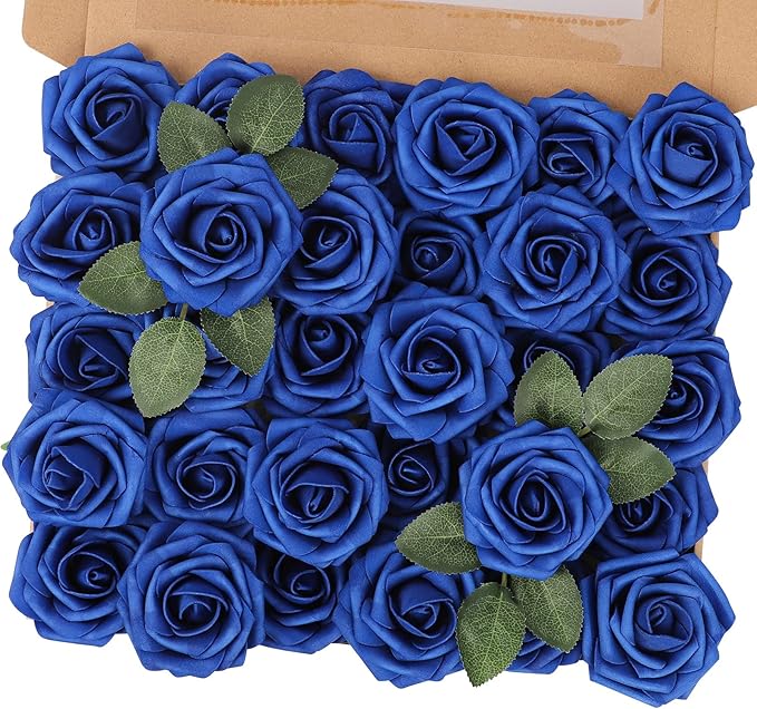 MACTING Artificial Flower Roses 30PCS Real Touch Fake Flowers with Stem Foam Roses for DIY Wedding Bouquets Backdrop Party Bridal Shower Spring Home Mothers Day Decorations(Dark Royal Blue)
