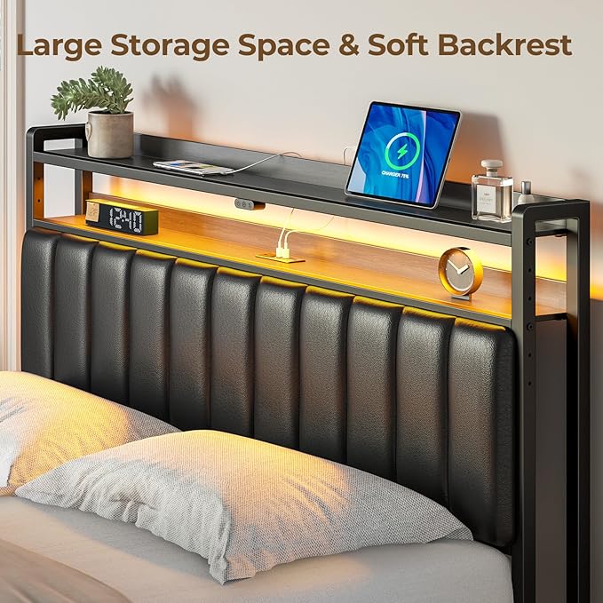 Rolanstar Headboard for Full Size Bed with Storage, 60,000 DIY Color of LED Light, Head Board with USB & Type C Port, Height Adjustable, Black Upholstered Cabeceras de Cama Comfortable Modern, Leather