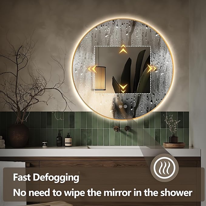 Niccy Round Led Mirror for Bathroom, 36" Backlit Mirror for Wall Circle Lighted Mirror with Gold Frame Anti-Fog, 3 Colors, HD Glass and IP65 Waterproof