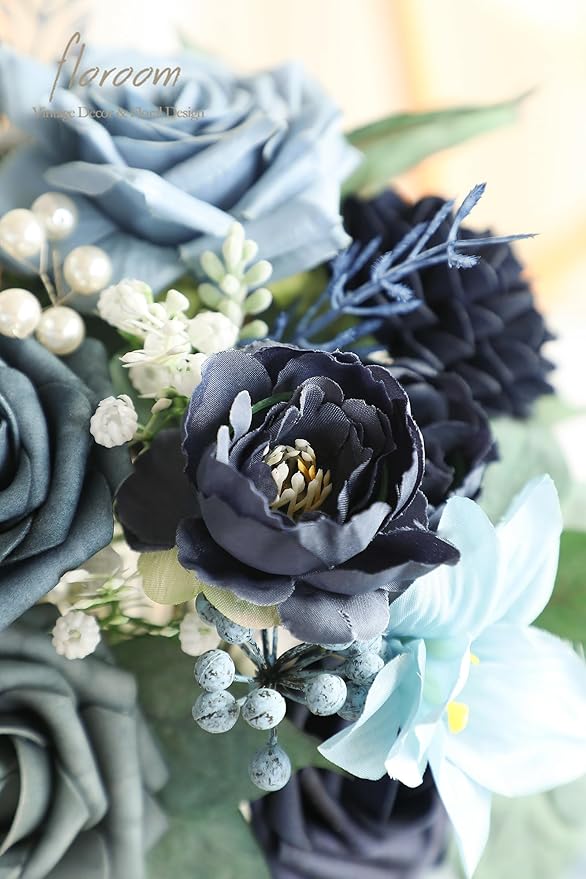 Floroom Artificial Greenery Stems Box Set, 59pcs with 8 Kinds of Faux Greenery Flowers Picks for DIY Bridal Bouquets Wedding Floral Arrangement Table Centerpieces, Navy & Dusty Blue