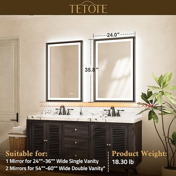 TETOTE Gold LED Bathroom Mirror with Lights 24x36 Frontlit & Backlit Vanity Framed Mirror Baroque Anti Fog Stepless Dimmable White/Warm/Natural,CRI90+,Waterproof,Wall Mounted(Horizontal/Vertical)