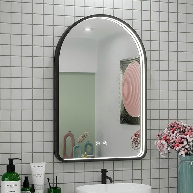 20x30 Inch Arched LED Bathroom Mirror with Lights, Adjustable 3000K/4500K/6000K, Wall Mounted Black Frame Lighted Bathroom Vanity Mirror, Anti-Fog, Dimmable, Memory Function