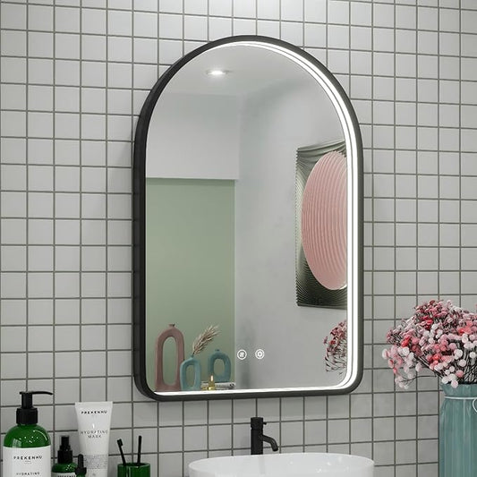 20x30 Inch Arched LED Bathroom Mirror with Lights, Adjustable 3000K/4500K/6000K, Wall Mounted Black Frame Lighted Bathroom Vanity Mirror, Anti-Fog, Dimmable, Memory Function