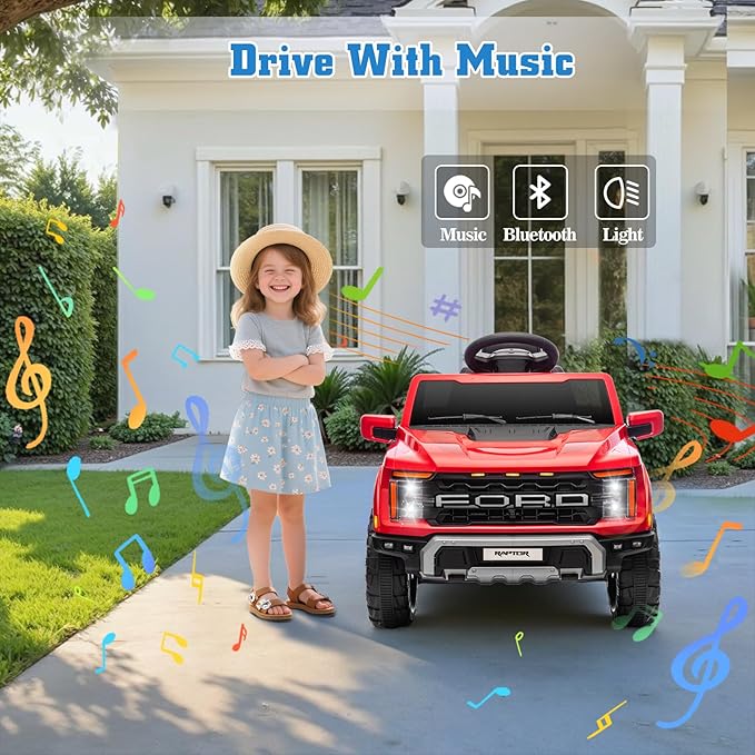 12V Ride on Car Licensed Ford F-150 Raptor, Kids Electric Car with Remote Control, LED Light/Music/MP3, Truck Bed Storage, 3-Point Seat Belt (12V, Red)