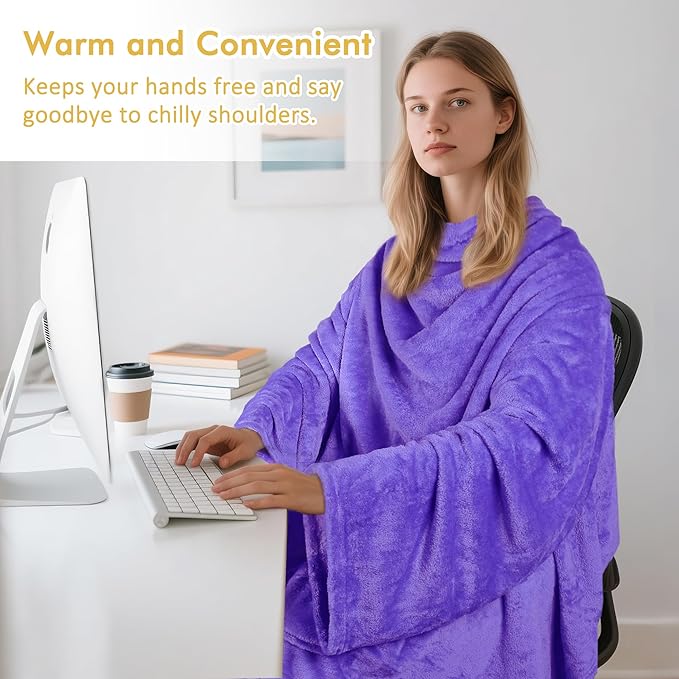 Catalonia Wearable Fleece Blanket with Sleeves and Foot Pockets for Adult Women Men, Micro Plush Comfy Wrap Sleeved Throw Blanket Robe Large, Purple