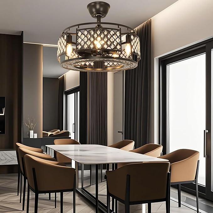 DLLT Caged Ceiling Fans with Lights: 18" Bladeless Industiral Fandelier with Light for Bedroon Living Dining Room - Black Crystal Ceiling Fan with Remote - Modern Chandelier with Fan Kitchern