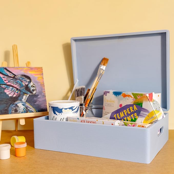 XL Blue Wooden Box Storage with Hinged Lid | 15.8 x 11.8 x 5.5 inches (+-0.5) | with Handles | Gift Box Storage Document | Product NOT Intended for 15 Years OR Below