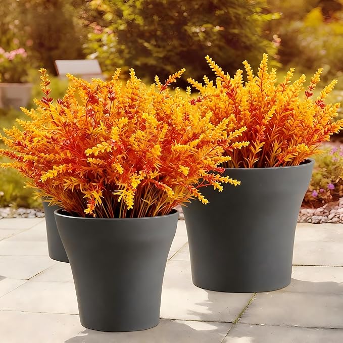 Geegoods 16 Bundles Artificial Fall Flowers Outdoor – Faux Lavender Flowers with Monkey Grass UV Resistant Plastic Faux Plants for Halloween Front Door Porch Patio Yard Balcony Decor, Orange Color