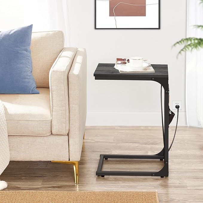 TUTOTAK C Shaped End Table with Charging Station, Side Table for Sofa, Couch Table with Storage Bag, TV Tray Table with 2 USB Ports and Outlets for Living Room, Bedroom, TB01BY024