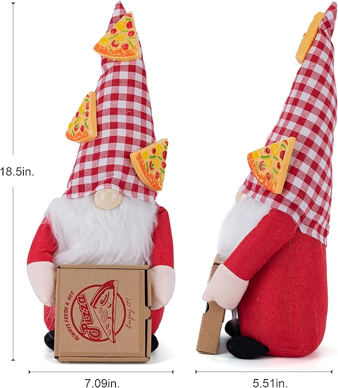 Cute Gnome Eating Pizza - Farmhouse Style Stuffed Plush Shelf Figurine - Pizza Decorations Indoor Gnome Decor - Gnomes Decorations for Home & Office - Pizza Gifts for Pizza Lovers (Pizza Gnome 2)