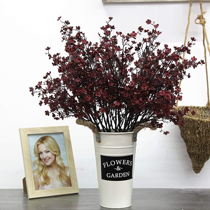 JAKY-Global Babys Breath Silk Burgundy Artificial Flowers 12 Bundle Fake Plants Farmhouse Decor Fall Stems Decoration Bouquets for DIY Home Garden (Burgundy Than Red)