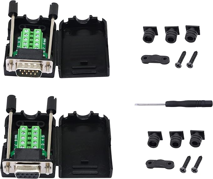 SinLoon DB9 Connector Adapter RS232 Serial Port D-SUB Adapter Plate Breakout Board Solder-Free (1-Pair Male+Female with Screwdriver, Black Rubber Core, Long Bolts)