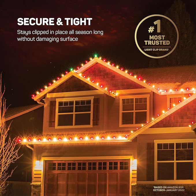 All-Purpose Holiday Light Clips [Set of 600] Christmas Light Clips, Outdoor Light Clips - Mount to Shingles & gutters - Works with Mini, C6, C7, C9, Rope, Icicle Lights - No Tools Required - USA Made