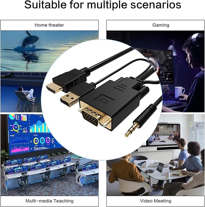 VCOM VGA to HDMI Cable 6Ft, VGA to HDMI Adapter with USB Power and Audio, 1080P@60Hz PC VGA Source Output to TV/Monitor with HDMI Connector, Male to Male for Computer Desktop Laptop Monitor Projector