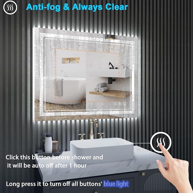 40x32 Inch LED Mirror for Bathroom, Rectangle Lighted Bathroom Mirrors Wall Mounted for Vanity Restroom Bedroom Frameless Modern Design with Backlit & 2 Front Lit, Anti-Fog, Dimmable, 1 Minute Install