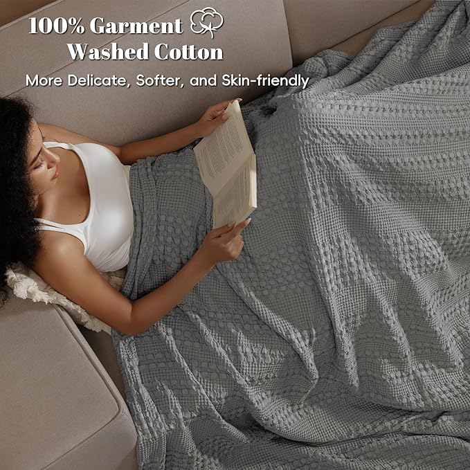 PHF 100% Cotton Waffle Weave Blanket King Size for Bed, Soft Lightweight & Breathable, All-Season Comfort, Luxury Aesthetic Woven Bedding for Home Decor, 108"x90", Dark Grey