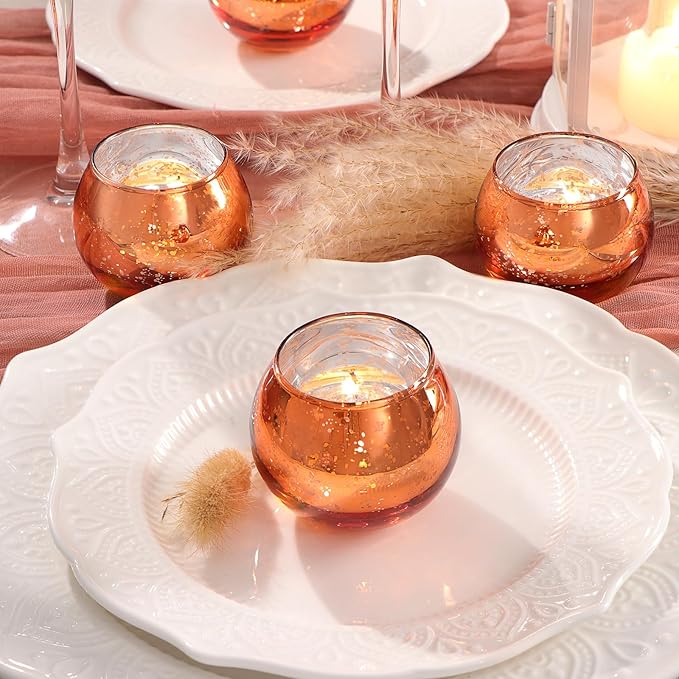 LAMORGIFT 24 Pcs Fall Tealight Candle Holders- Mercury Votive Candle Holders for Burnt OrangeTable Decorations, Terracotta Decor Glass Votives for Fall Party Boho Wedding Table Centerpieces