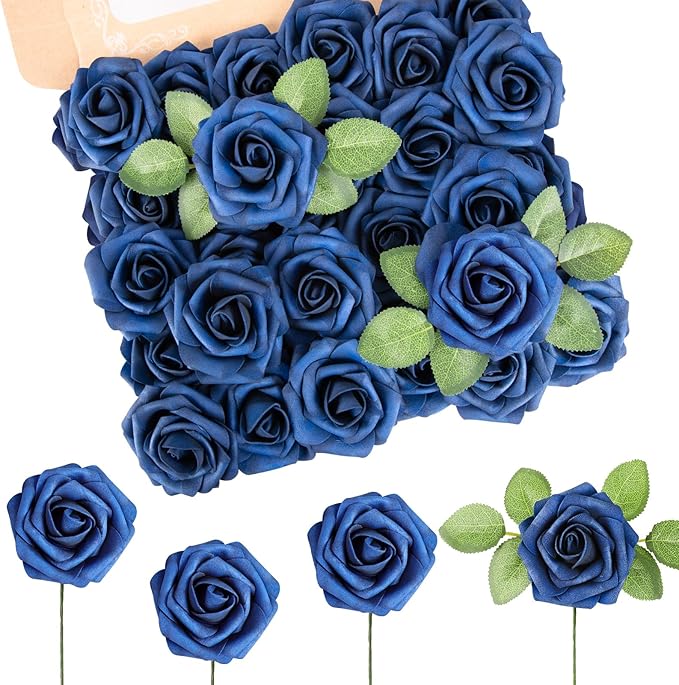 MACTING Artificial Flower Roses 60PCS Real Touch Fake Flowers with Stem Navy Blue Foam Roses for DIY Wedding Bouquet Table Centerpieces Party Holiday Home Indoor Outdoor Spring Mothers Day Decorations