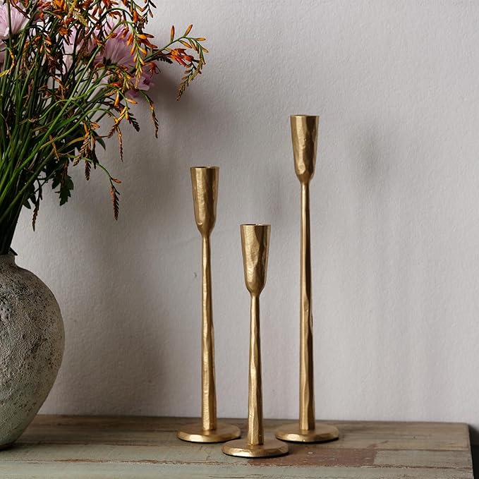 Gold Iron Taper Candle Holder Set of 3, Heavy Wrought Iron Candlestick Holders Decorative Candle Stand, Vintage Candle Holder for Wedding, Dining, Home Decoration