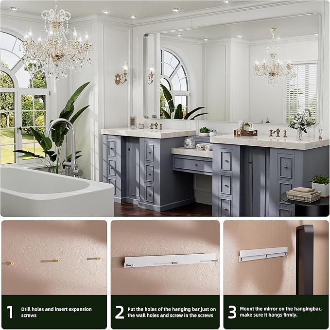 Hasipu Brushed Silver Bathroom Mirror 59x39 Inch Rounded Rectangle Vanity Mirror Metal Framed Wall Mirrors Anti-Rust Surface Mount (Horizontal/Vertical)