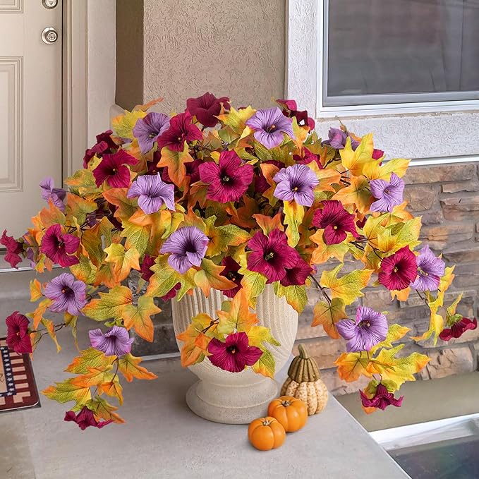 Artificial Fall Flowers Fake Petunias Plants for Outdoor Decoration, 2 Pcs Silk Faux Flowers UV Resistant No Fade Plants for Garden Balcony Yard Porch Realistic Indoor Decor (Burgundy Purple)