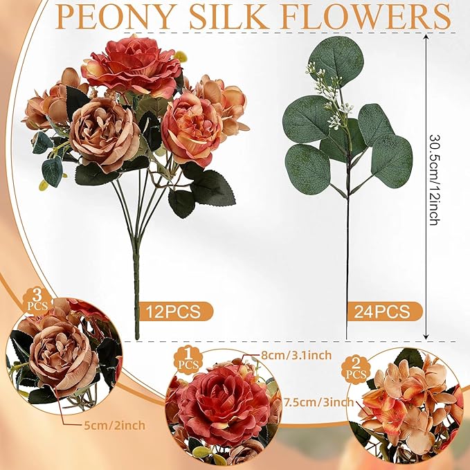 Burnt Orange Peony Artificial Flowers, Fall Faux Peonies Hydrangea Eucalyptus Bouquet 12 Packs Silk Vintage Realistic Peony Floral Arrangement for Wedding Centerpiece Table Vase Autumn Decor