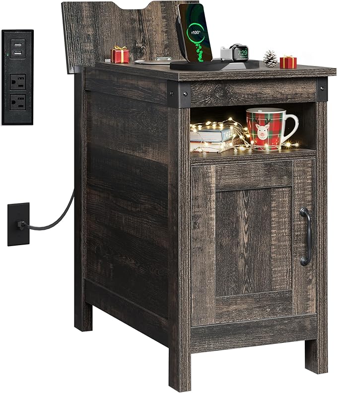 WLIVE End Table with Charging Station, Side Table with USB Ports and Outlets, Narrow Side Table for Small Spaces, Living Room, Couch, Nightstand with Storage, Brown