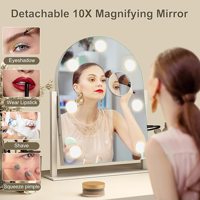 S'bagno Arched Vanity Mirror with Lights, 7 Dimmable LED Bulbs Hollywood Mirror, 3 Color Modes & Memory Function Makeup Mirror with Lights, Detachable 10X Magnification, Touch Control,USB-A(15''x12'')